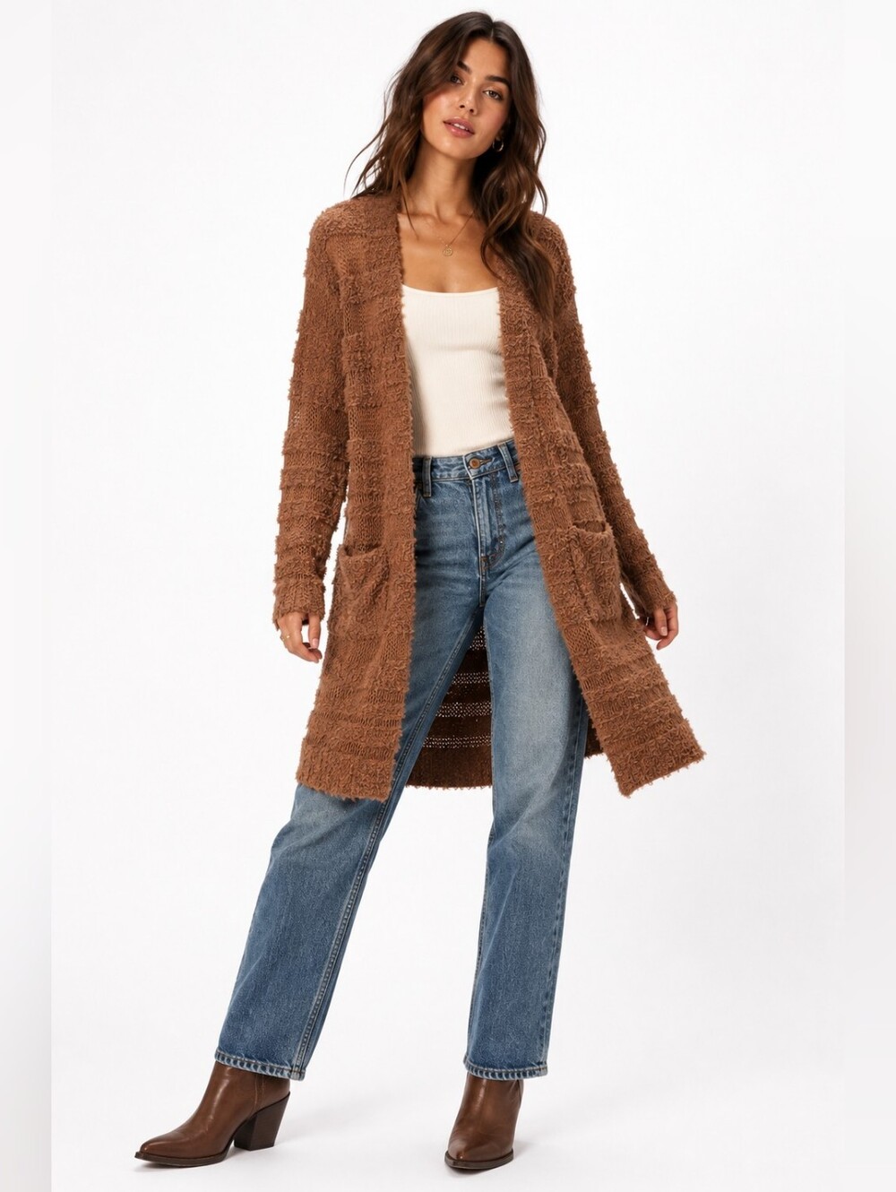 Daytrip Brown Fuzzy Textured Open Front Long Cardigan Small